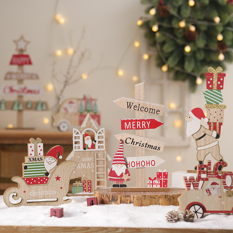 圣诞节装饰桌面摆件木质老人圣诞树创意圣诞场景布W置圣诞装饰摆