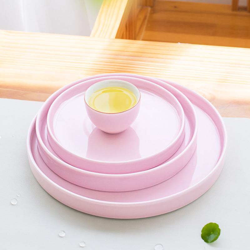 陶瓷青瓷粉色干泡盘n托盘圆形家用简约茶台功夫茶具小茶托壶承底