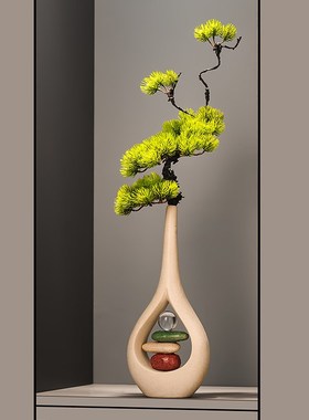 石来运转陶e瓷花瓶迎客松入门玄关壁龛细高摆件高级感客厅装饰品