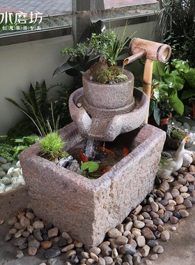 中式客厅流水鱼缸喷泉玄关落w地水景观石磨摆件民宿水池造景装饰