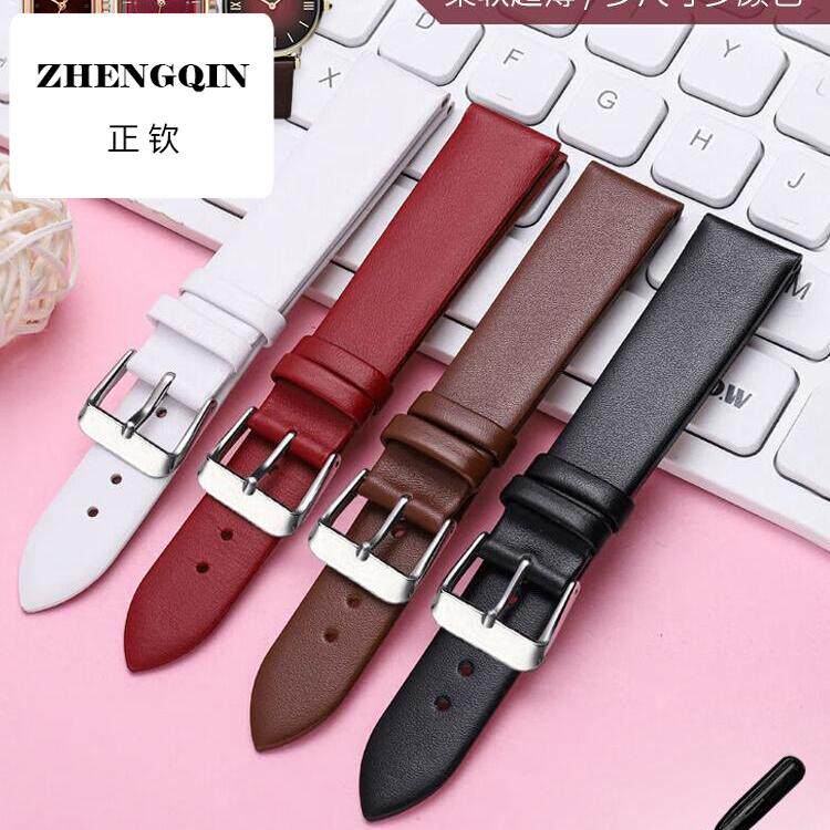 适用手表带男女款通用头层真皮手表链配件超薄柔软酒红手表表带8-