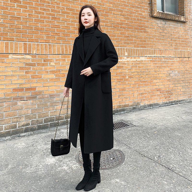 赫本风黑色双面羊绒大衣女中长版2023年新款韩版宽松毛呢外套秋冬