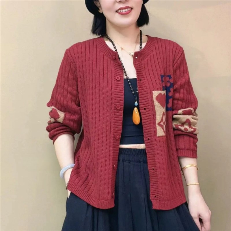 文艺范园领麻棉线针织开衫外搭女春秋季新款宽松百搭休闲毛衣外套