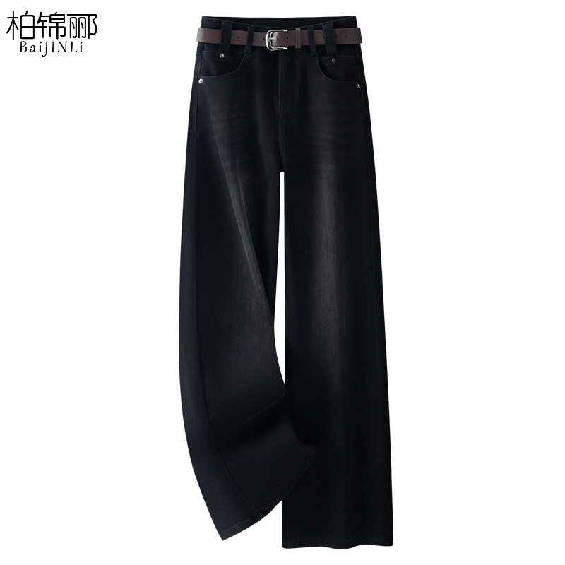 黑色阔腿牛仔裤女2025新款春季高腰宽松窄版直筒裤小个子显瘦裤子