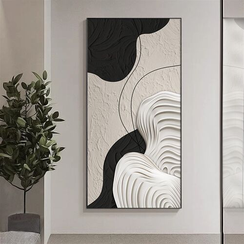 黑白抽象现代简约挂画入户门玄关装饰画立体肌理T感走廊过道尽头