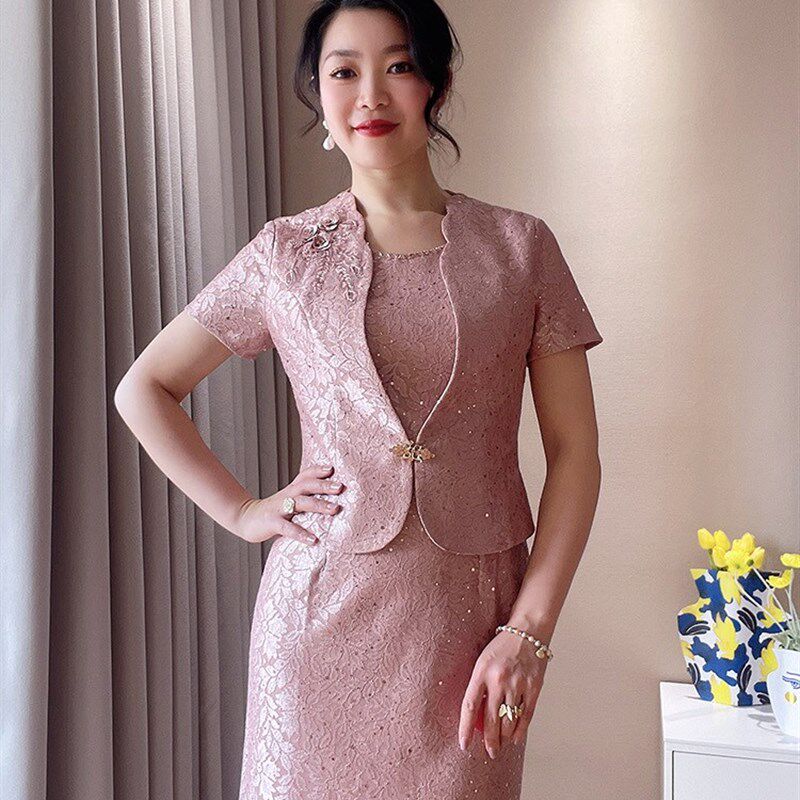 婚礼妈妈礼服喜婆婆婚宴装夏季连衣裙秀丽华服两件套装洋气小个子