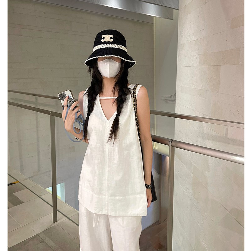 白色亚麻背心女夏外穿无袖上衣坎肩宽松棉麻背心无袖正肩上衣镂空