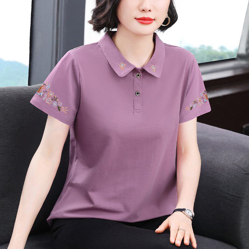 妈妈夏季新款纯棉刺绣翻领短袖T恤衫中老年女装宽松减龄上衣小衫