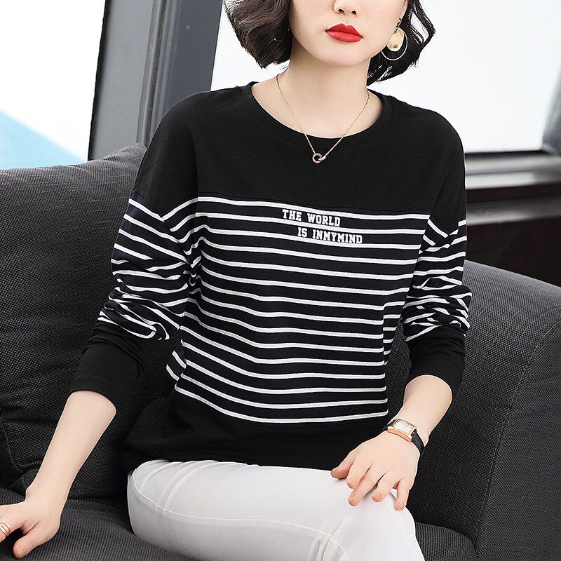 中年妈妈秋装纯棉条纹T恤女长袖打底衫大码秋衣中老年人洋气上衣