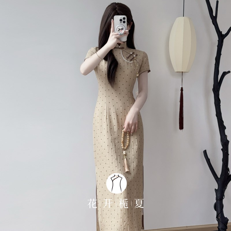 《清月婉华》黄色旗袍复古文艺民国风年轻款少女波点连衣裙3/9