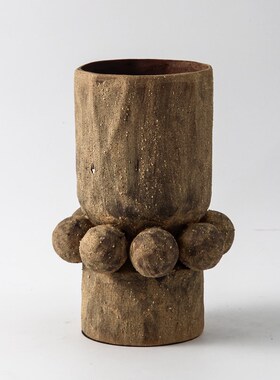 侘寂风土黄色陶瓷花器高脚果盘z新中式干花插花瓶家居软装饰品摆