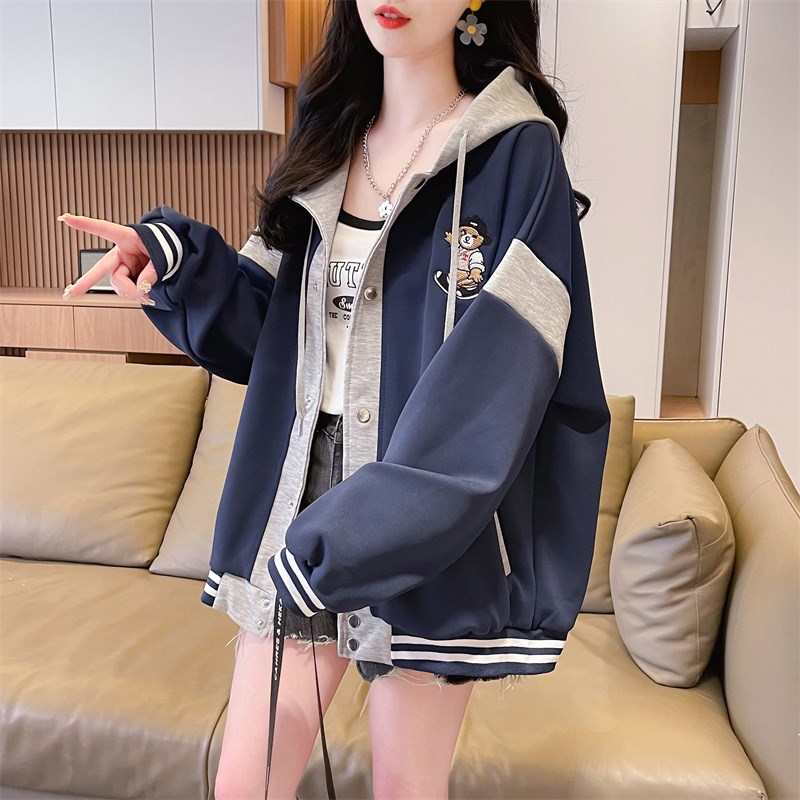 韩版宽松棒球服外套女春秋冬季新爆薄款加绒连帽卫衣开衫百搭休闲