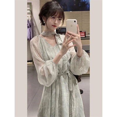 2024春秋新款高级感法式温柔风连衣裙女长袖雪纺绿色碎花长裙韩系
