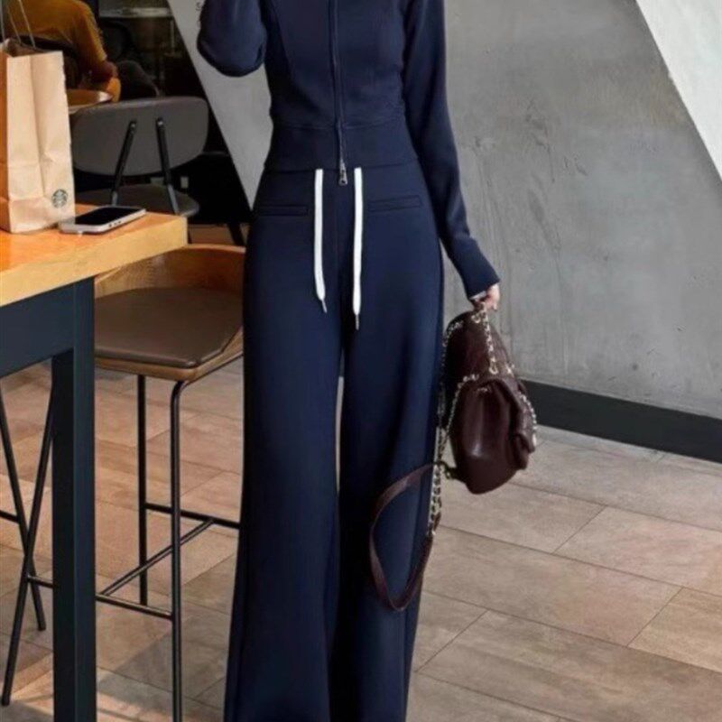 高级感时尚休闲套装女2025秋季修身显瘦连帽拉炼卫衣阔腿裤两件套