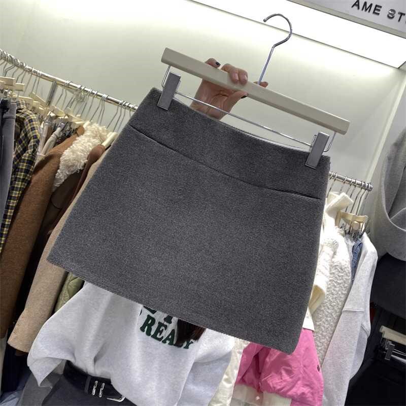冬季纯色简约高腰毛呢半身裙女韩版新款显瘦复古简约A字裙短裙