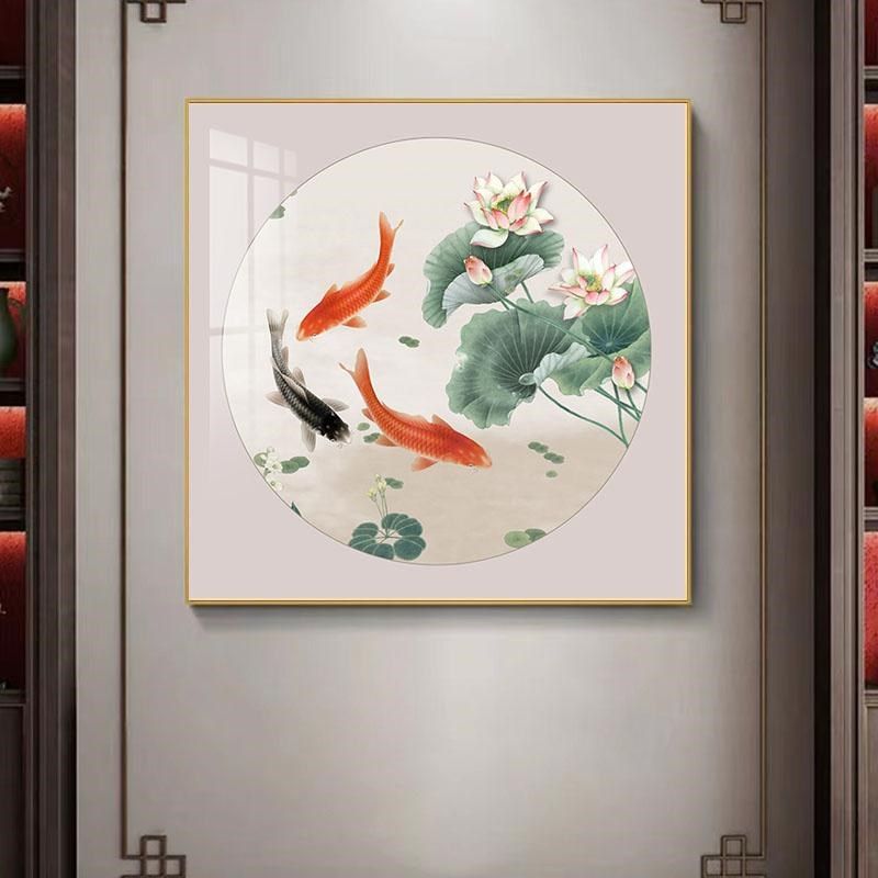 三鱼图招财鲤新中式装饰画餐厅墙面E玄关挂画饭厅壁画三条鱼装饰