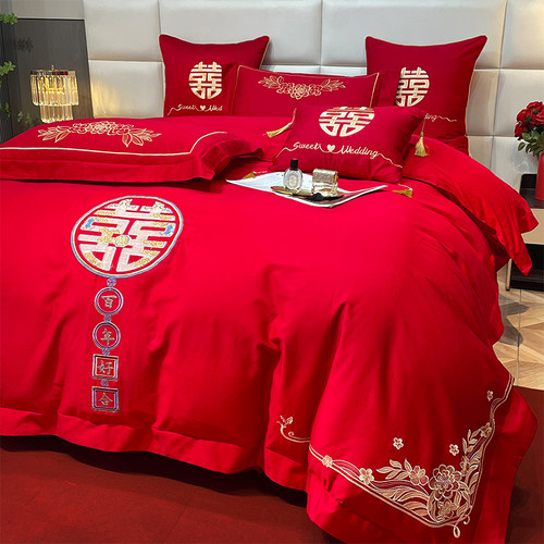 结婚四件套100全棉牀单婚庆牀上用品全棉大P红色喜被新婚嫁房4