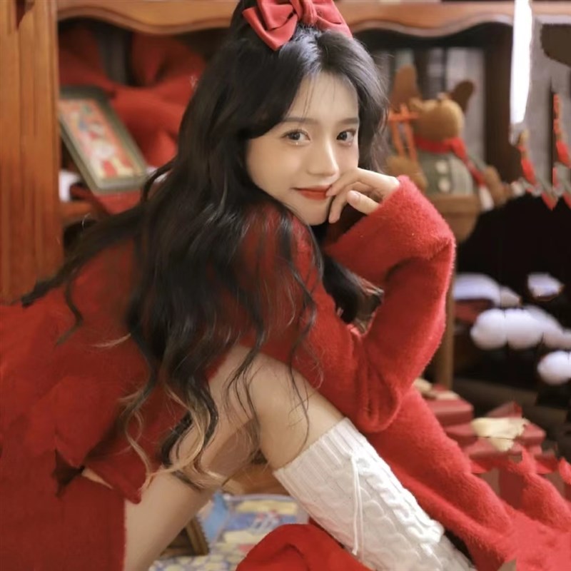 影楼秋冬红色新年圣诞主题毛衣可爱少女写真服装个人艺术拍照摄影