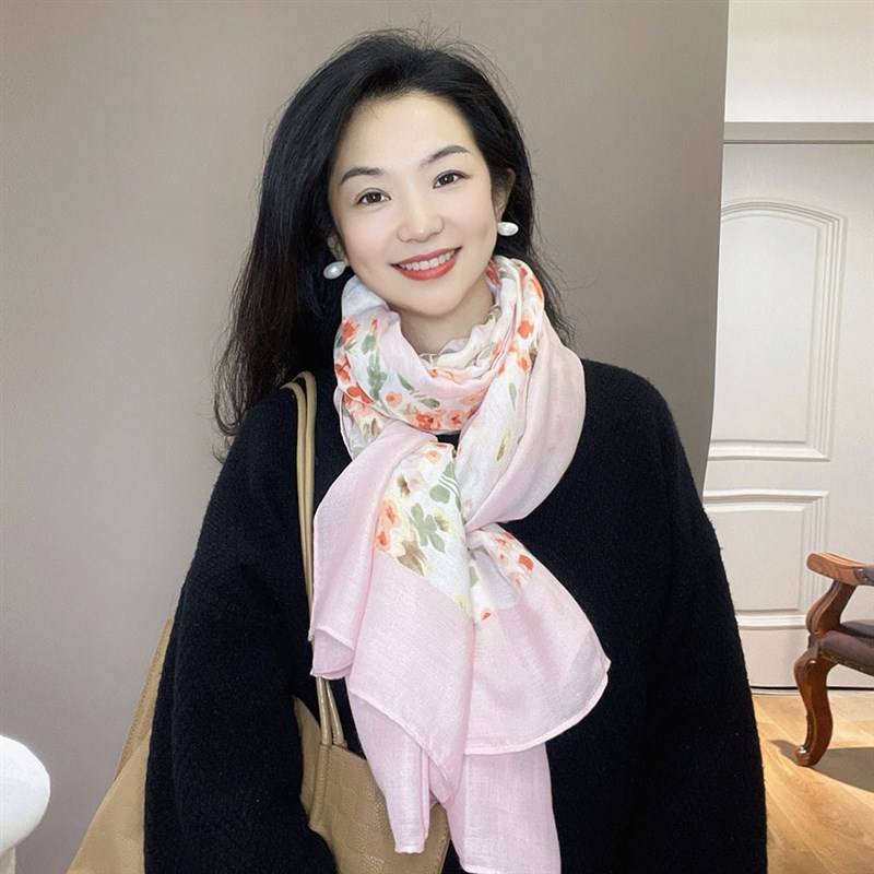 减龄款!粉色棉麻围巾女春秋薄款显白气质保暖围脖披肩两用丝巾