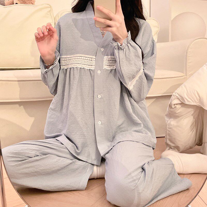 棉麻高级感睡衣女款带胸垫套装长袖长裤春秋季韩系甜美大码家居服