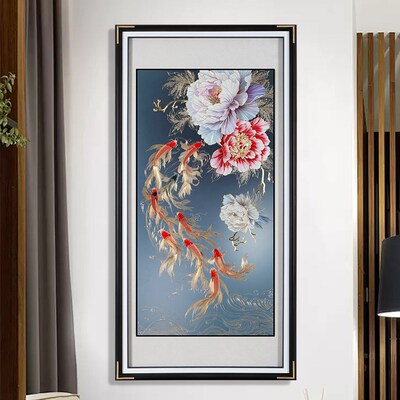 富贵绵延2025新款手工铜雕装饰B画走廊玄关牡丹九鱼图寓意好新中