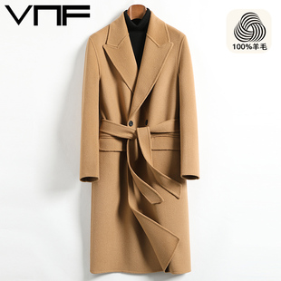 纯羊毛双面呢大衣男中长款 双排扣过膝腰带双面羊绒外套冬 2023新款