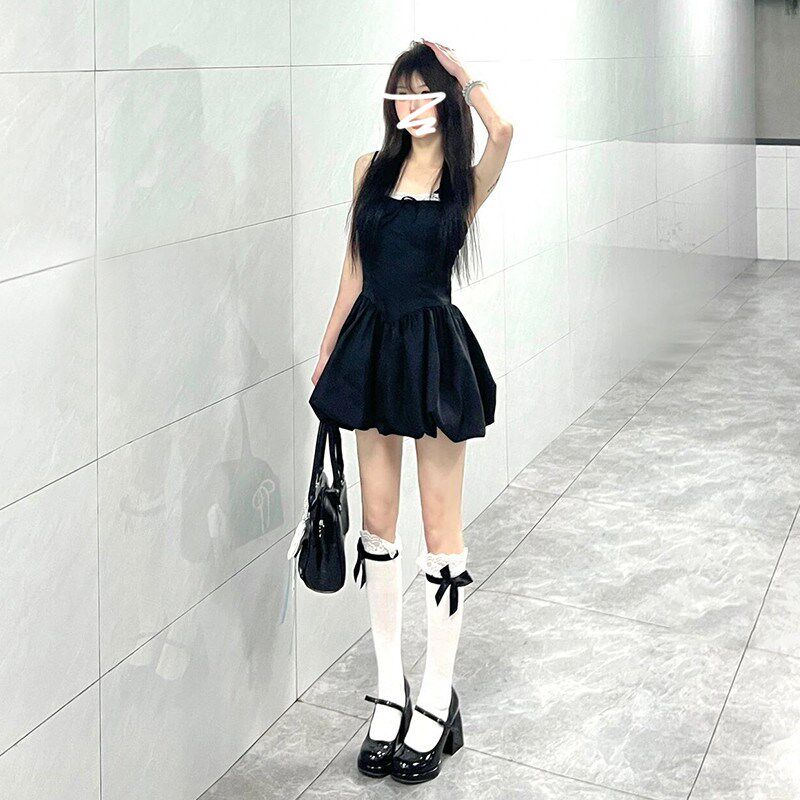 法式黑色无袖吊带连衣裙子女夏季2025新款小个子辣妹收腰包臀短裙
