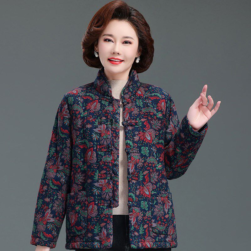 奶奶秋冬厚款上衣老年人碎花纯棉外套妈妈盘扣小棉袄印花老人衣服