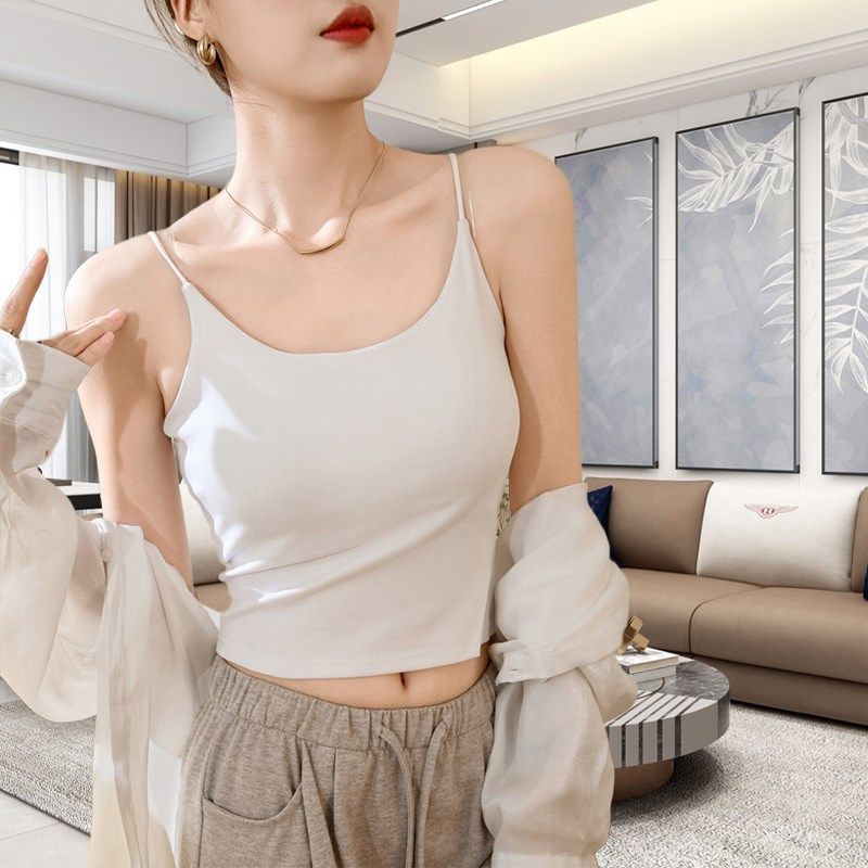 白色美背文胸一体吊带背心女夏纯棉带胸垫内搭聚拢加厚显胸大外穿
