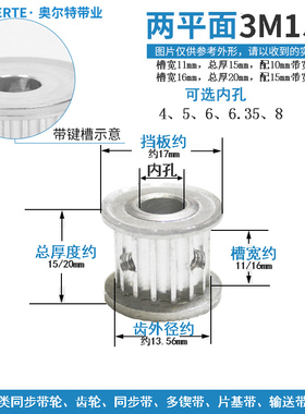 同步轮 3M15齿 3M15T 槽宽11/16 AF型两面平同步皮带轮 内孔4-8mm