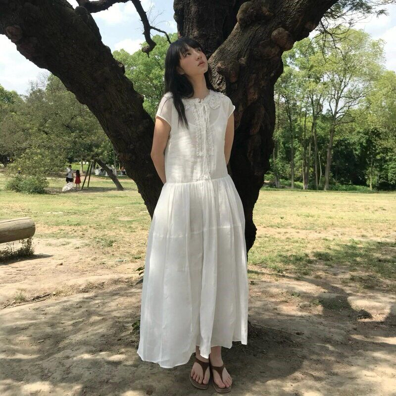 法式白色微透设计感重工木耳边系带短袖连衣裙复古长款小白裙女夏