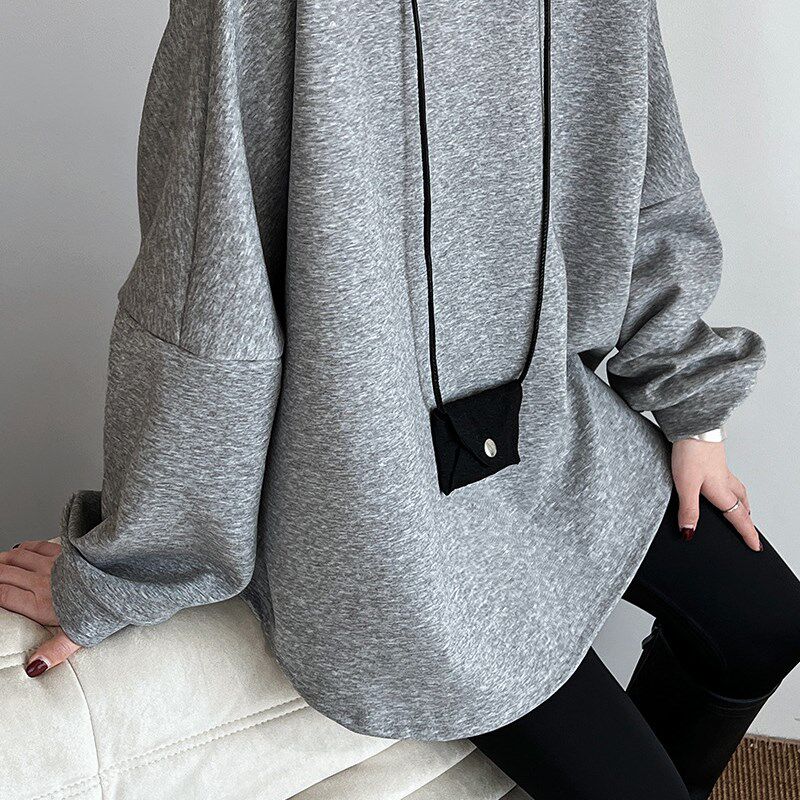 鹿西 春季新款空气棉T恤女宽松廓形慵懒日系极简落肩袖卫衣薄2738