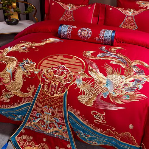 120支全棉g婚庆四件套大红色长绒棉龙凤刺绣结婚喜被床上用品4