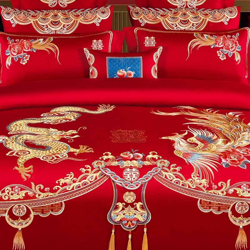 大红喜庆婚庆套件100支全棉龙凤E刺绣中式结婚床上用品四件套