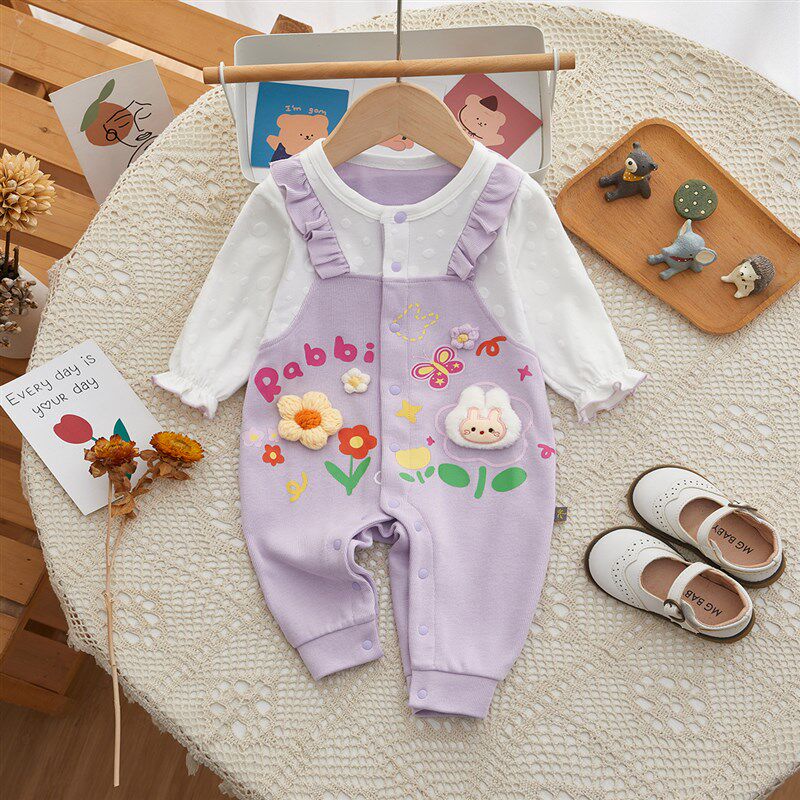 婴儿衣服春秋婴儿连体衣前开扣新生儿衣服立体小花秋季女宝宝衣服