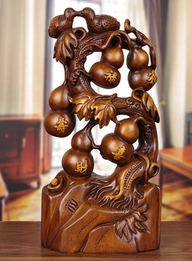 五福葫芦摆件g实木雕刻手工艺品客厅玄关电视酒柜装饰乔迁新居礼