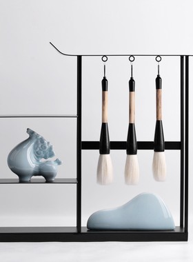 新中式创意毛笔架摆件样板间售楼处书房茶室博古S架酒店软装饰摆