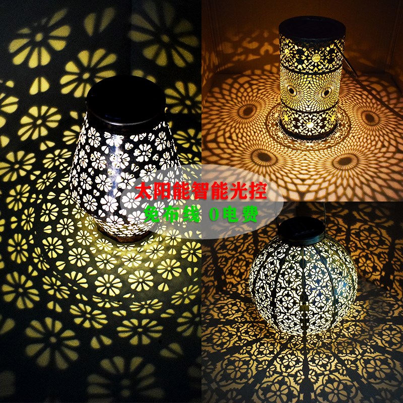 太阳能草坪花f园灯笼挂件庭院灯 别墅景观装饰铁艺镂空铁罐投光灯