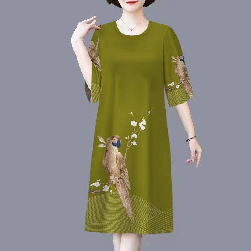 大码中老年妈妈装五分袖连衣裙女冰丝夏季时尚印花宽松遮三件套