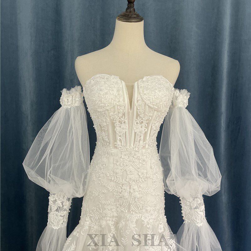 新款新娘抹胸一字肩婚纱礼服纱单独袖子网纱手套遮胳膊硬纱手袖