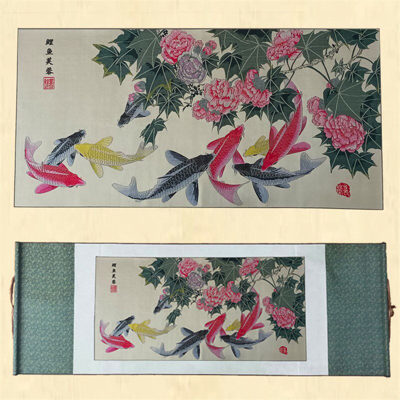 蜀锦鲤鱼芙蓉商务礼品四川特色刺绣手工品蜀绣外事纪念礼物卷轴