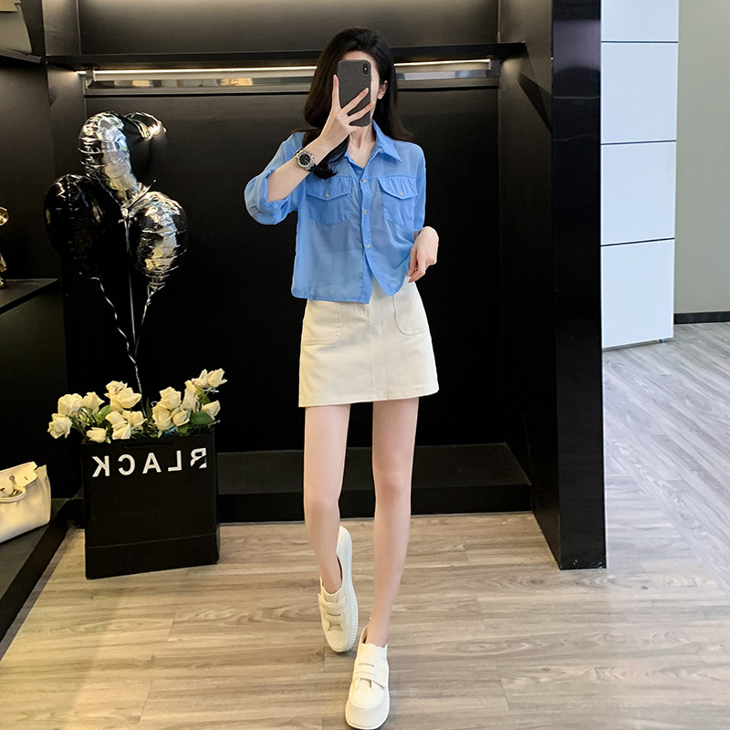 秋季时尚长袖衬衫上衣牛仔半身短裙小个子显瘦显高洋气减龄两件套