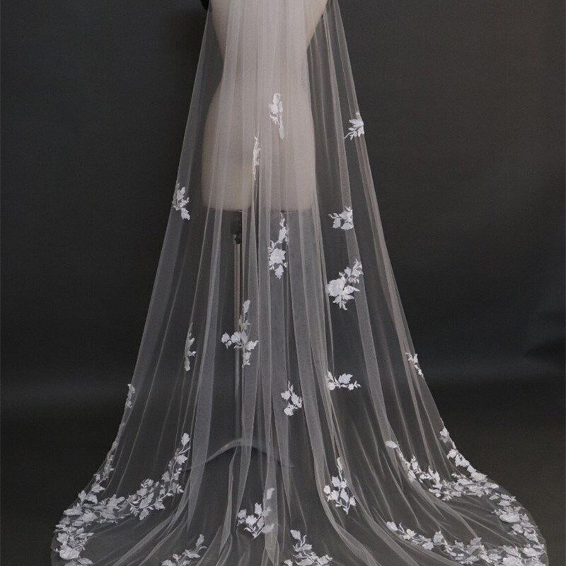 头纱新娘结婚主婚纱奢华超长拖尾蕾丝花边婚礼头饰3D花朵森系拍照