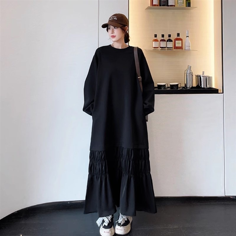 胖mm秋装新款内搭外穿宽松加长款胖妹妹简约高个子过膝长袖连衣裙