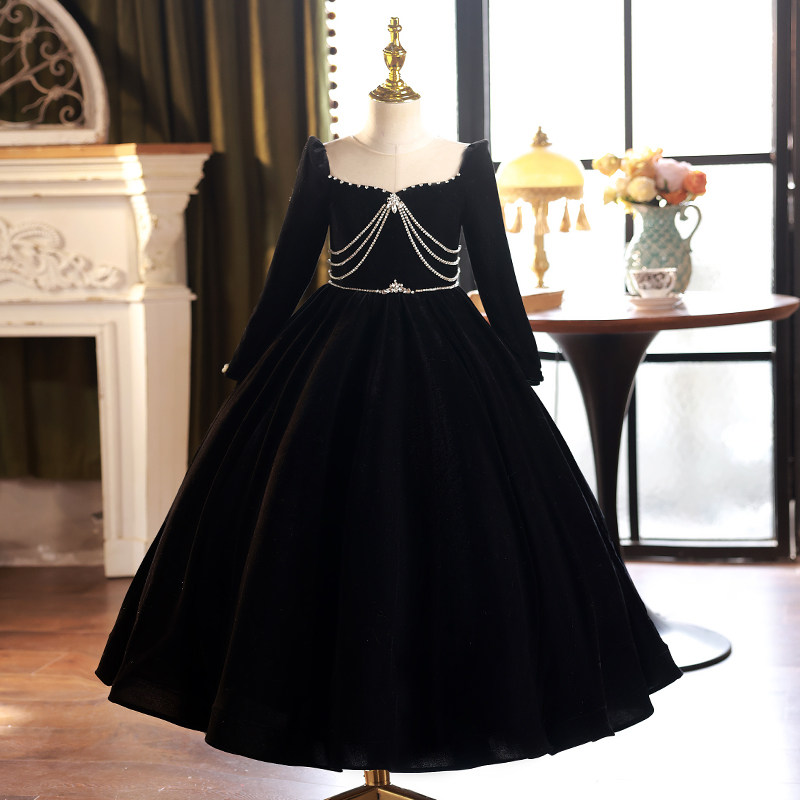 女童礼服轻奢小众高端黑色丝绒儿童小主持人公主裙钢琴演奏演出服