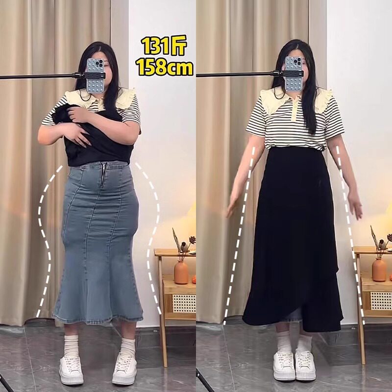 大码黑色半身裙女夏季不规则梨形身材遮胯a字裙胖mm遮肚显瘦裙子