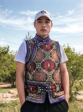 男士蒙古马甲h传统春秋缎面坎肩蒙族日常生活装工作服民族风马甲