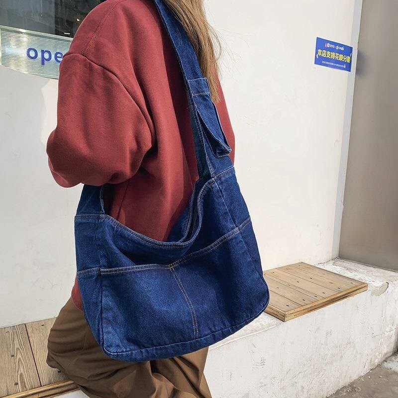 慵懒风牛仔帆布包女单肩包韩版复古学院休闲购物袋大容量上课背包