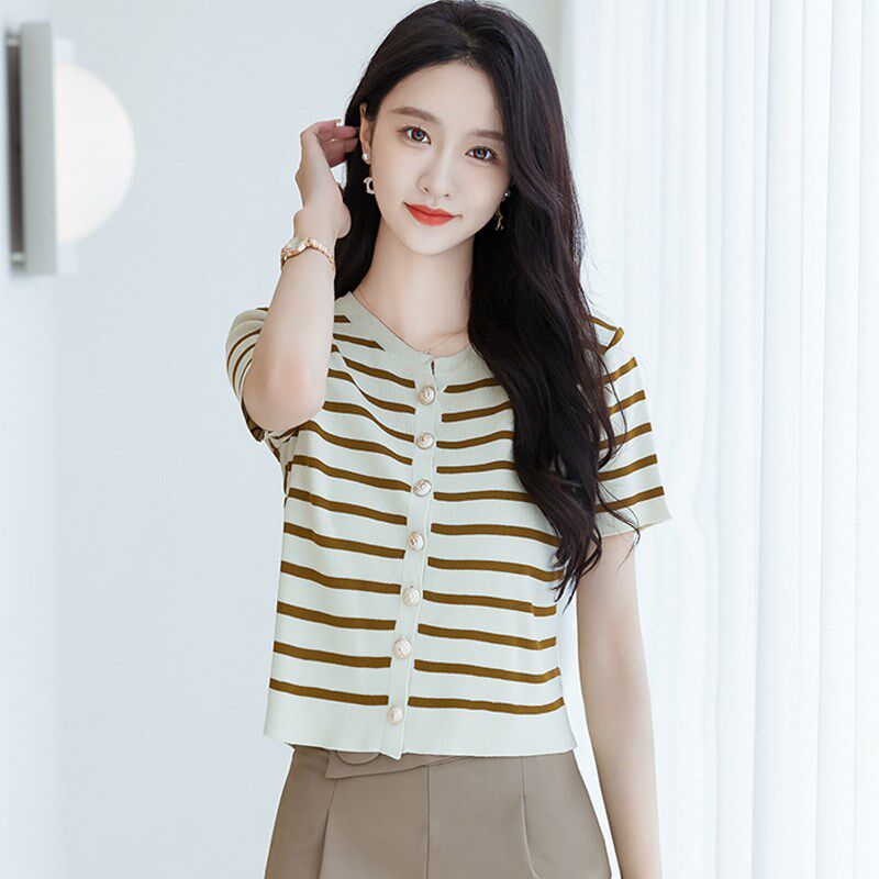 条纹短袖t恤女夏季冰丝针织衫 小个子短款洋气卡腰配半身裙的上衣
