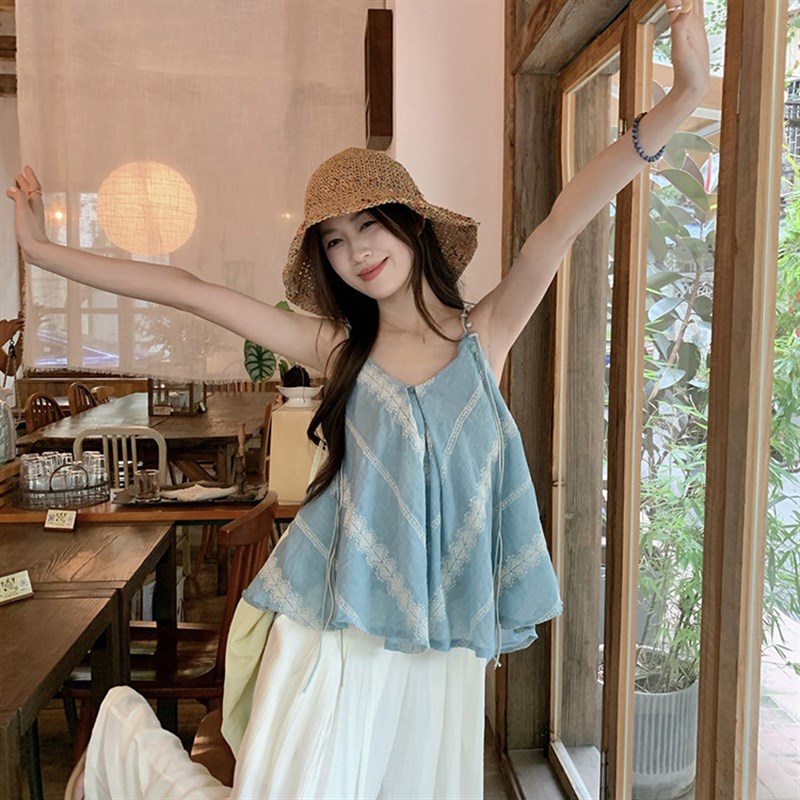 韩版甜美拼接V领条纹吊带背心女夏季新款休闲阔腿裤度假风两件套